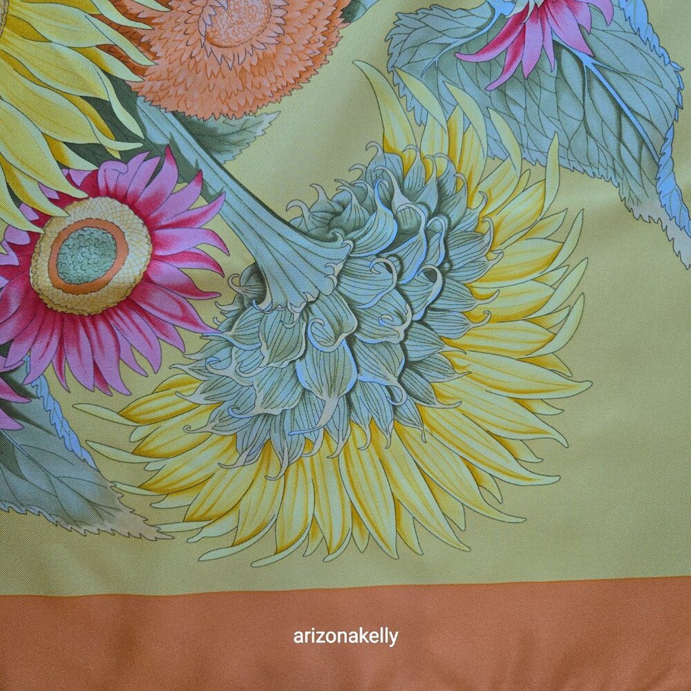 Large Silk Twill Scarf Hand-Rolled Sunflowers Floral Orange Yellow - Picture 6 of 12